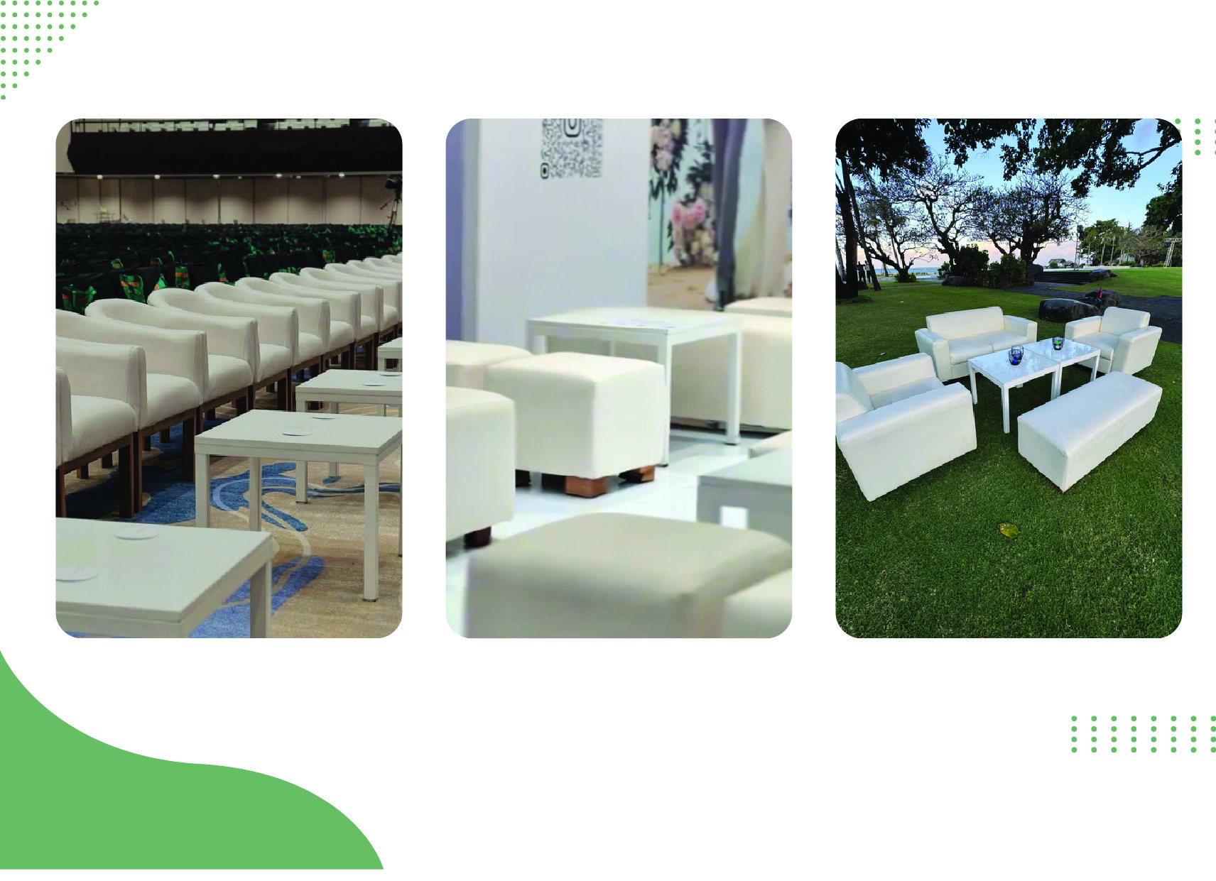 White lounge sofas and ottomans styled for an event