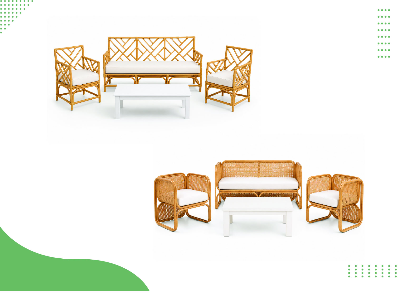 Rattan sofa sets with white cushions