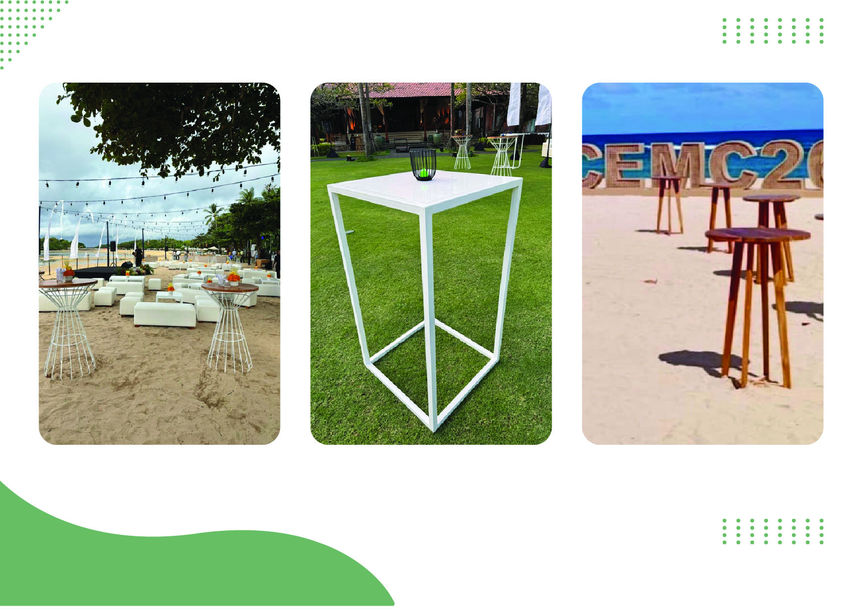 High tables set up on the beach and lawn