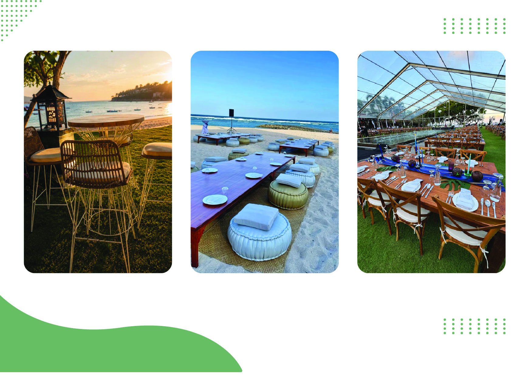 Beachside dining and rattan barstool setups at sunset